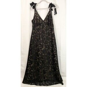 NWT Evan Picone Dress 14 37" Black Lace Beige Floral Adjustable Straps Evening
